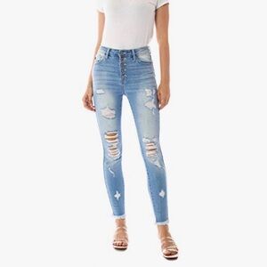 NWOT Kan Can Women's High Rise Button Fly Distressed Super Skinny Jeans